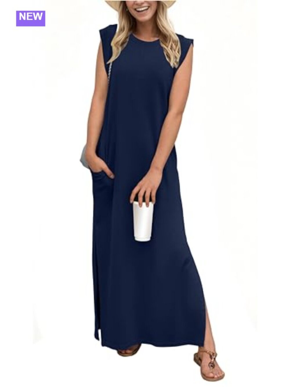 Women Maxi Dress Rayon Polyester Spandex Loose Split Crew Neck Sleeveless with